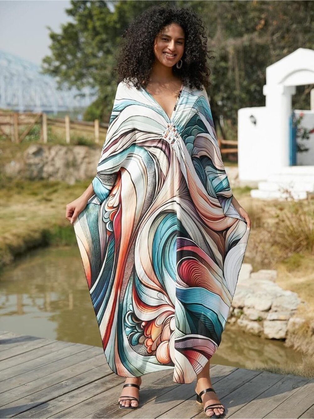 Women's Abstract Color Lines Batwing Sleeve Beach Cover Up Loose-Fit Boho Kaftan - Picture 3 of 6